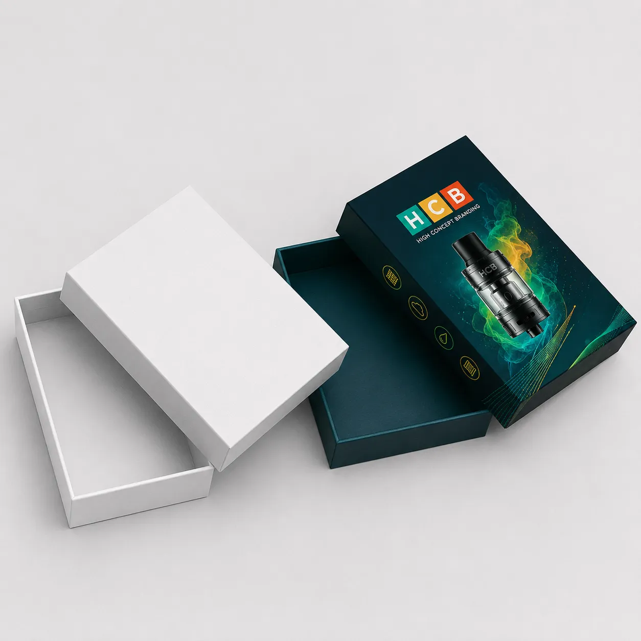 Custom rigid slider drawer boxes for vape packaging featuring a green fabric ribbon pull tab. class=